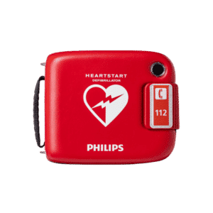 Rote Philips-AED-Tasche mit Herzsymbol auf weißem Hintergrund